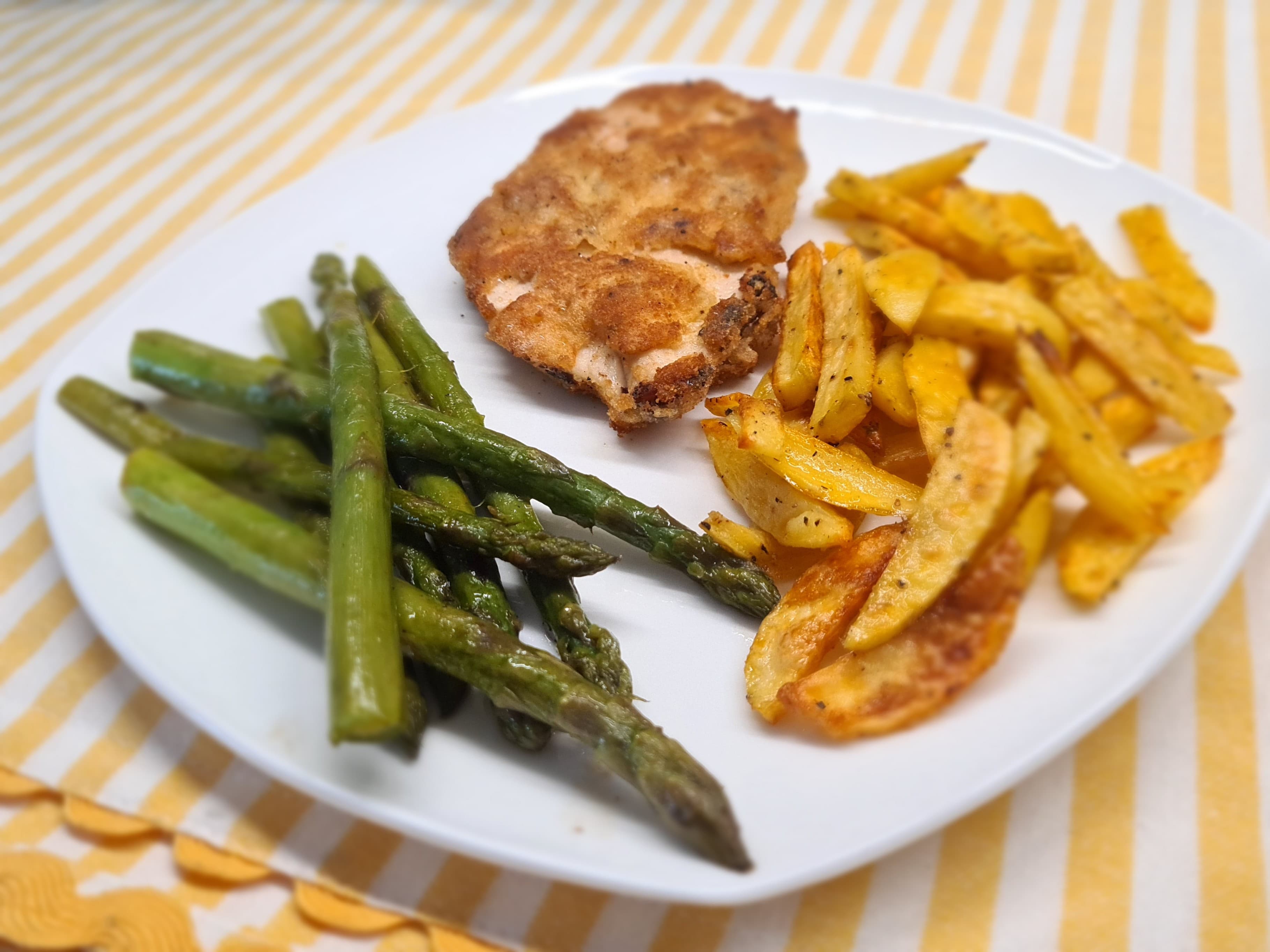 Chicken Schnitzel with Fried Potatoes and Asparagus Recipe Image