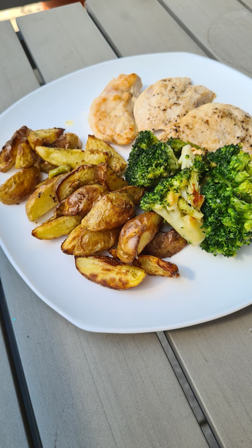 Pan-Fried Chicken, Baked Potatoes &amp; Steamed Broccoli Rocely Recipe