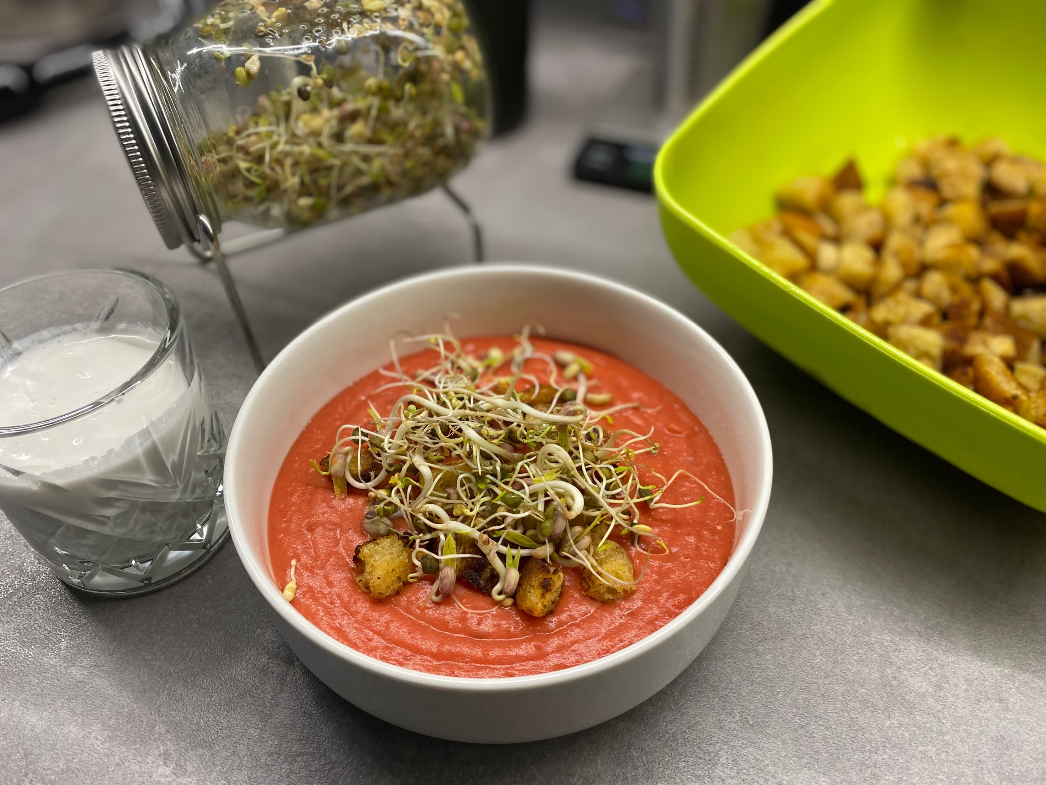 Beetroot Coconut Cream Soup with Croutons and Sprouts Recipe Image