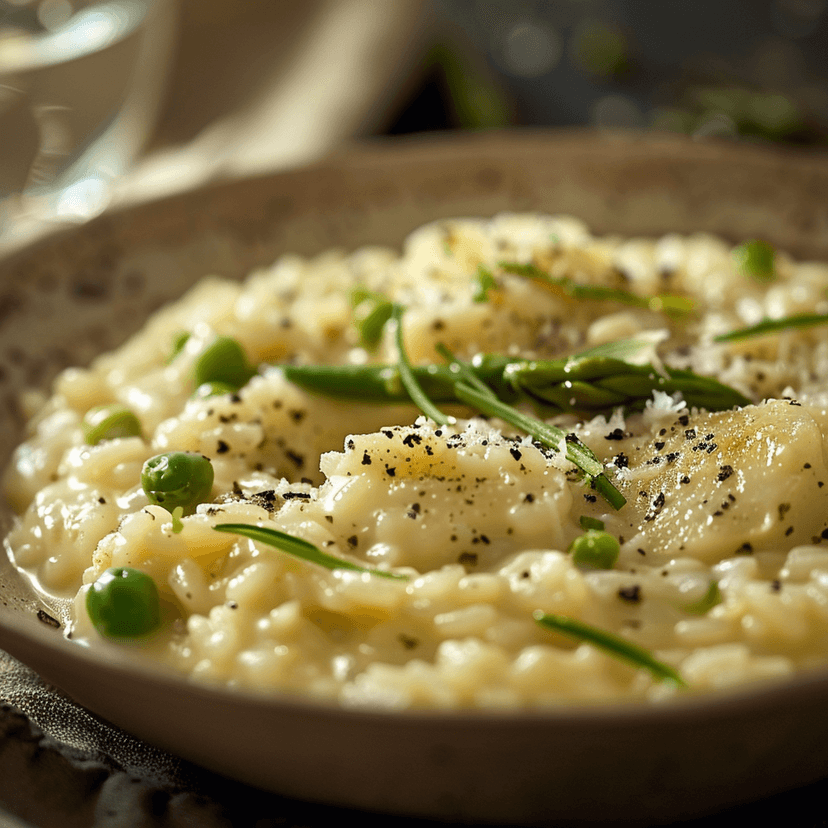 Cremiges Risotto mit frischem grünem Spargel und Parmesan, eine neu interpretierte italienische Tradition Rocely Rezept