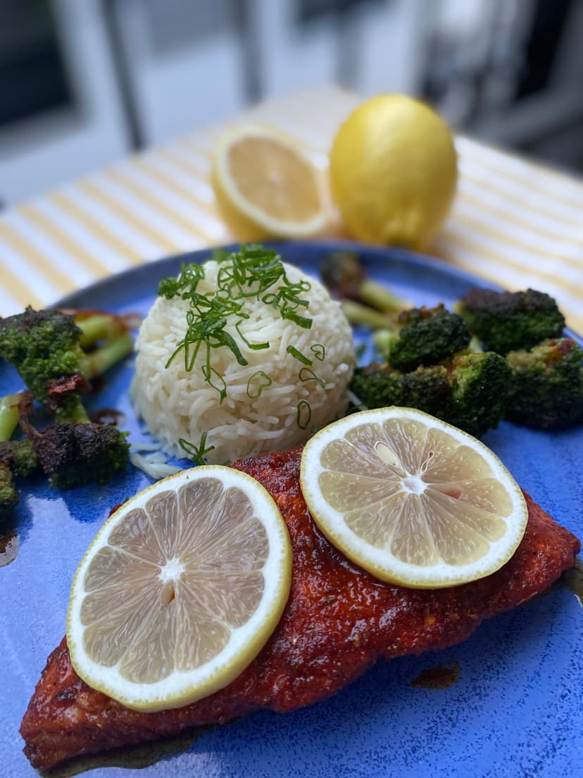 Honey Garlic Glazed Salmon with Rice and Broccoli Rocely Recipe