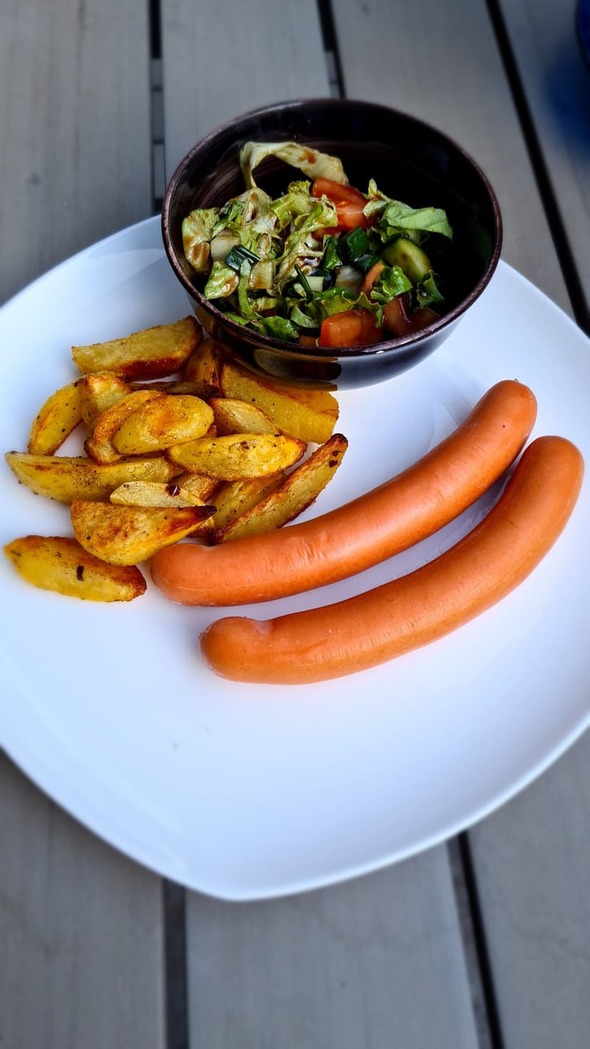 Sausages with Baked Potatoes and Fresh Salad Rocely Recipe