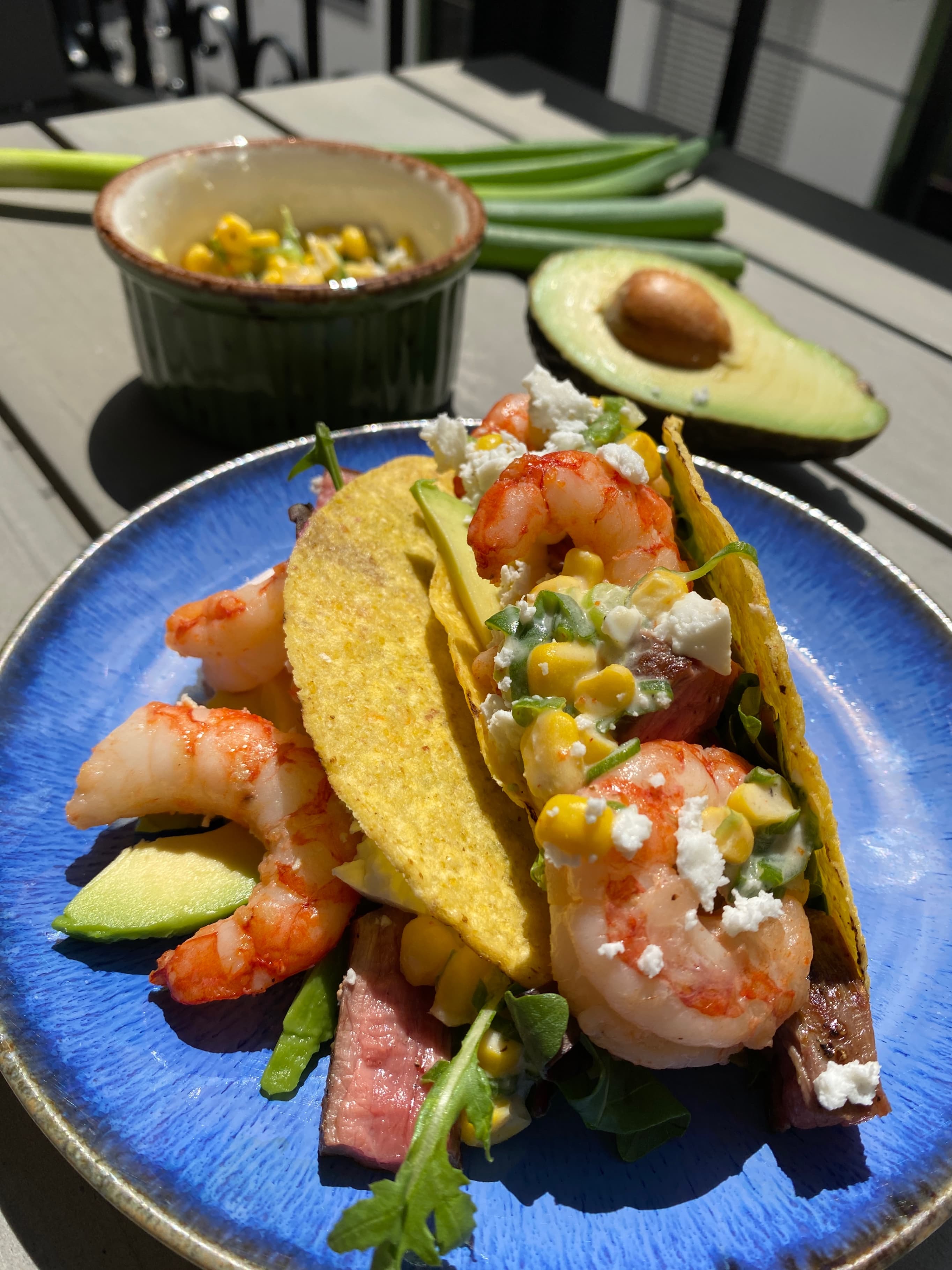 Surf and Turf Tacos with Avocado and Mixed Salad Recipe Image