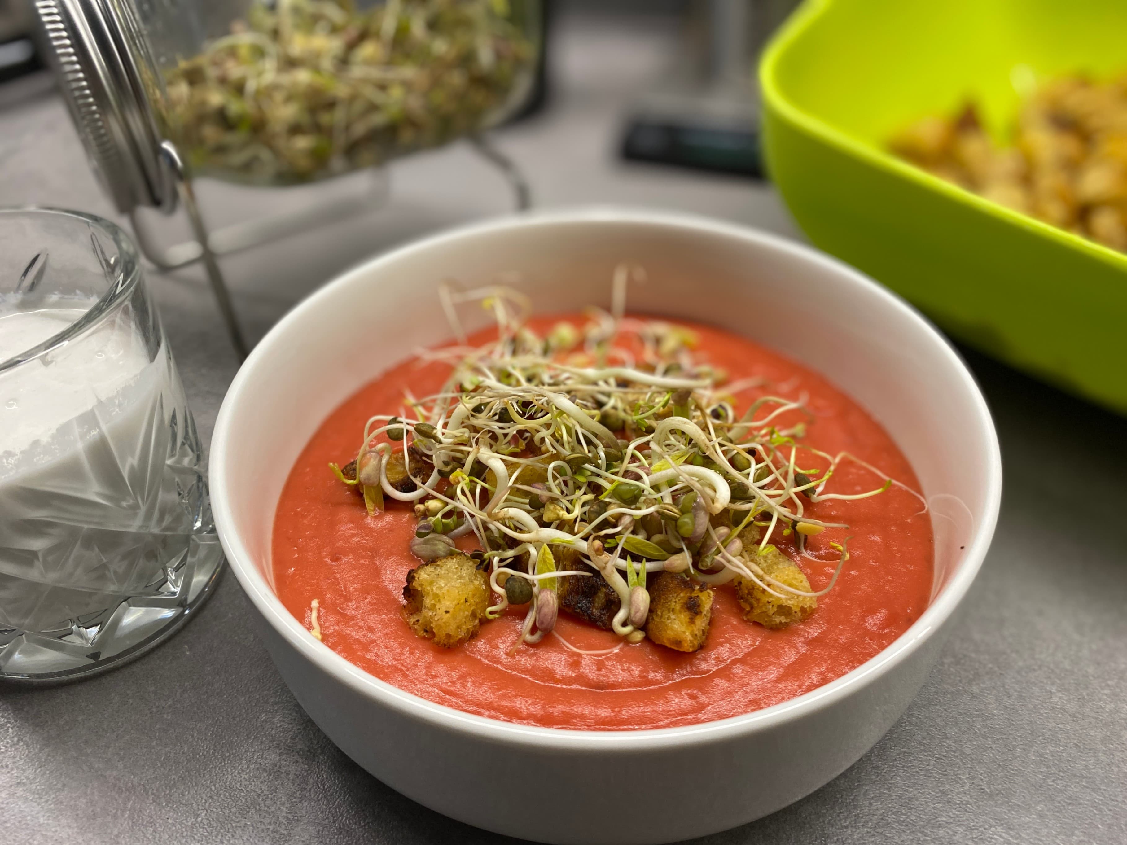 Beetroot Coconut Cream Soup with Croutons and Sprouts Recipe Image