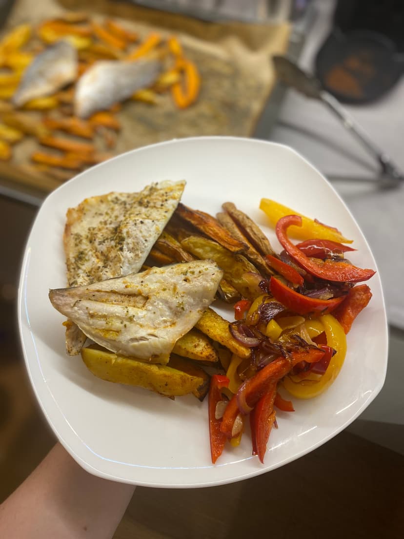 Mediterranean Goldbrass with Roasted Potatoes and Sautéed Veggies Rocely Recipe