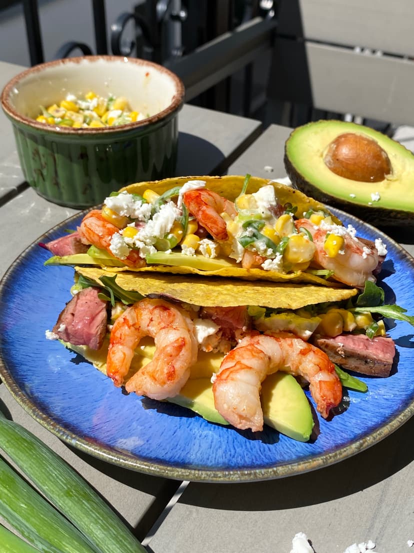 Surf and Turf Tacos with Avocado and Mixed Salad Rocely Recipe