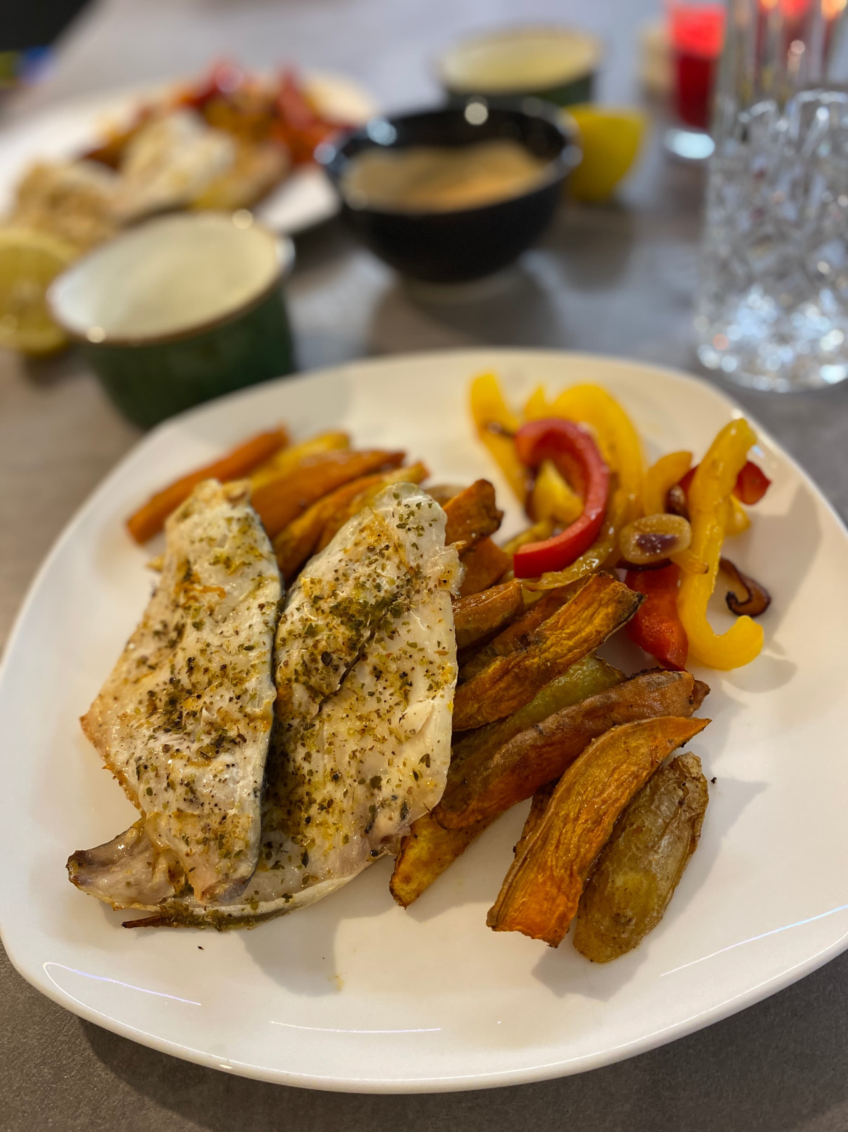 Mediterranean Goldbrass with Roasted Potatoes and Sautéed Veggies Recipe Image