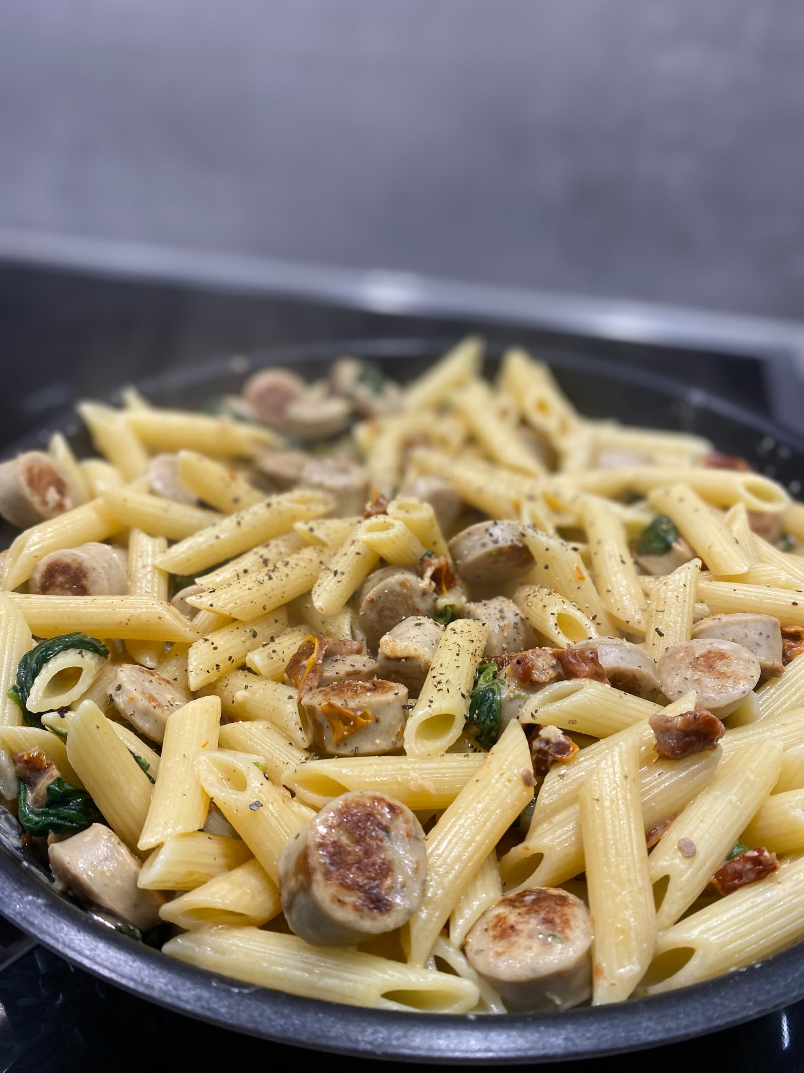 Hearty Sausage, Spinach & Sundried Tomato Penne Recipe Image