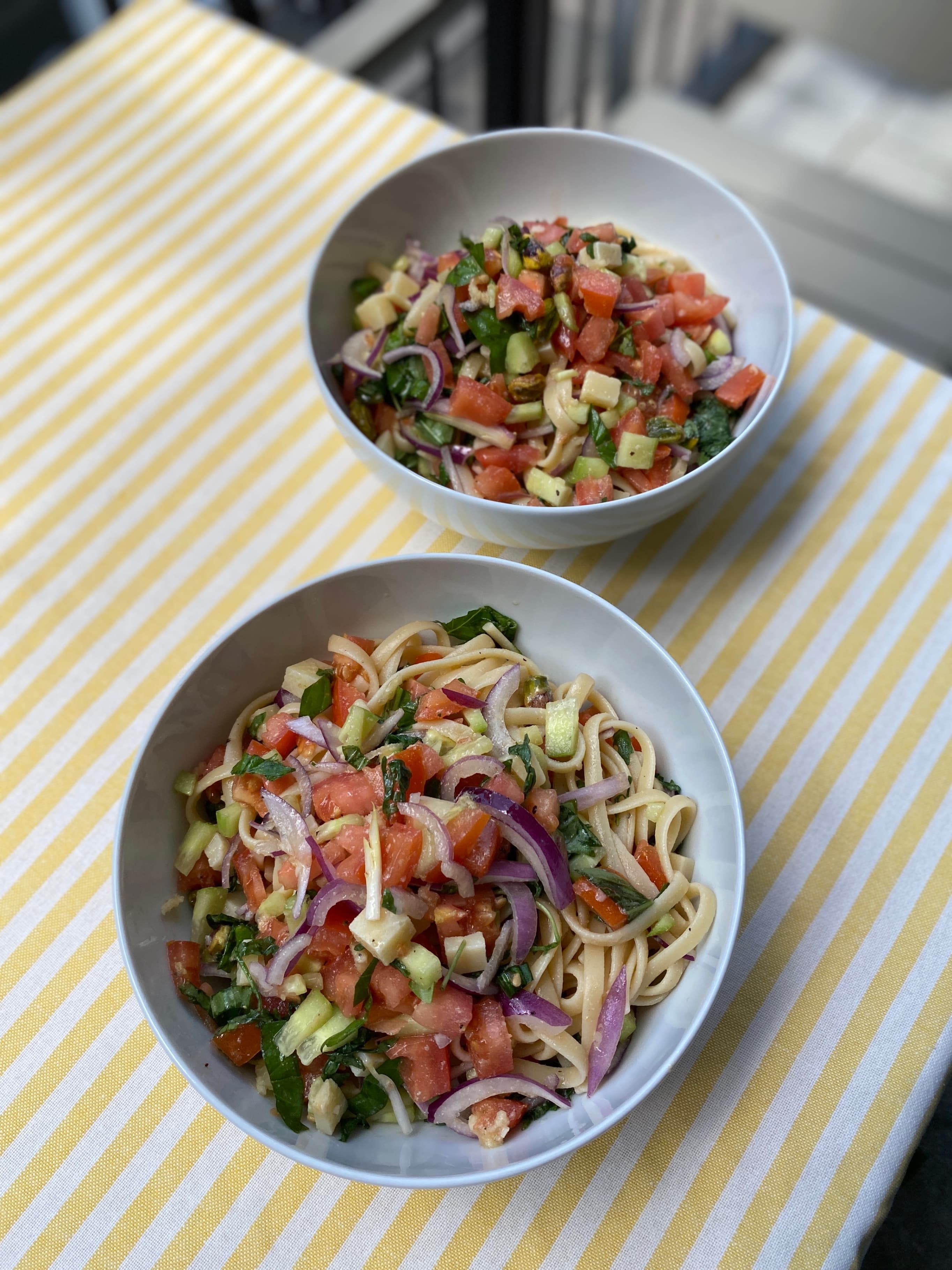 Your Go-To Summer Linguine with Fresh Veggies & Pistachio Crunch Recipe Image