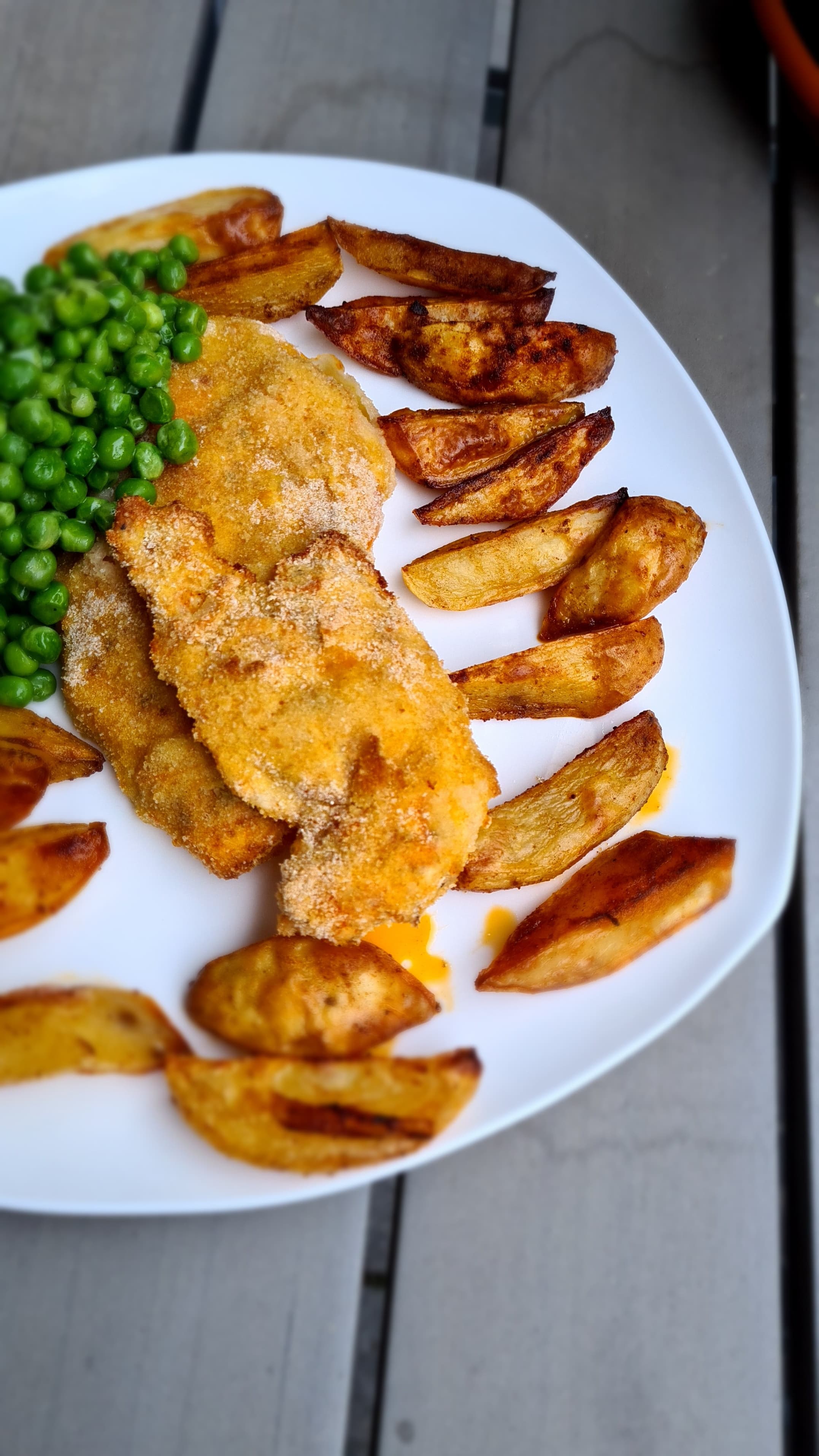 Breaded Chicken Breast with Potatoes and Peas Recipe Image