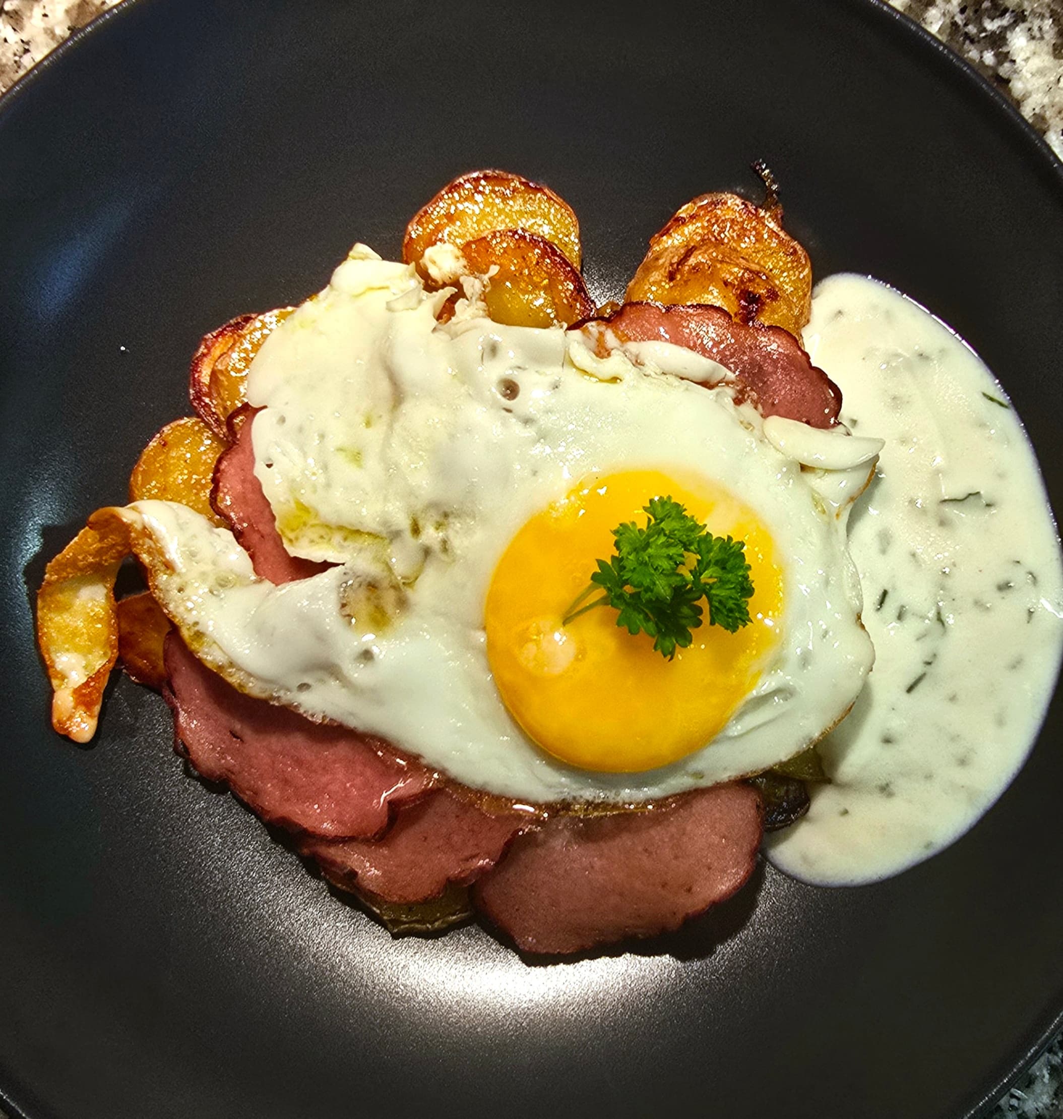 Leberkäse Chips with Fried Potatoes and Fried Eggs Rocely Recipe