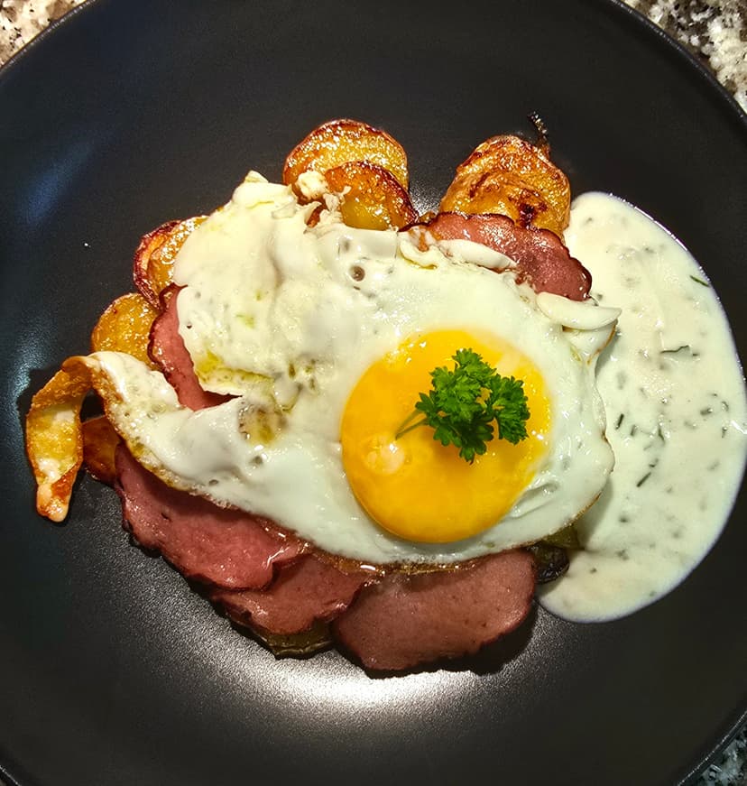Leberkäse Chips with Fried Potatoes and Fried Eggs Rocely Recipe