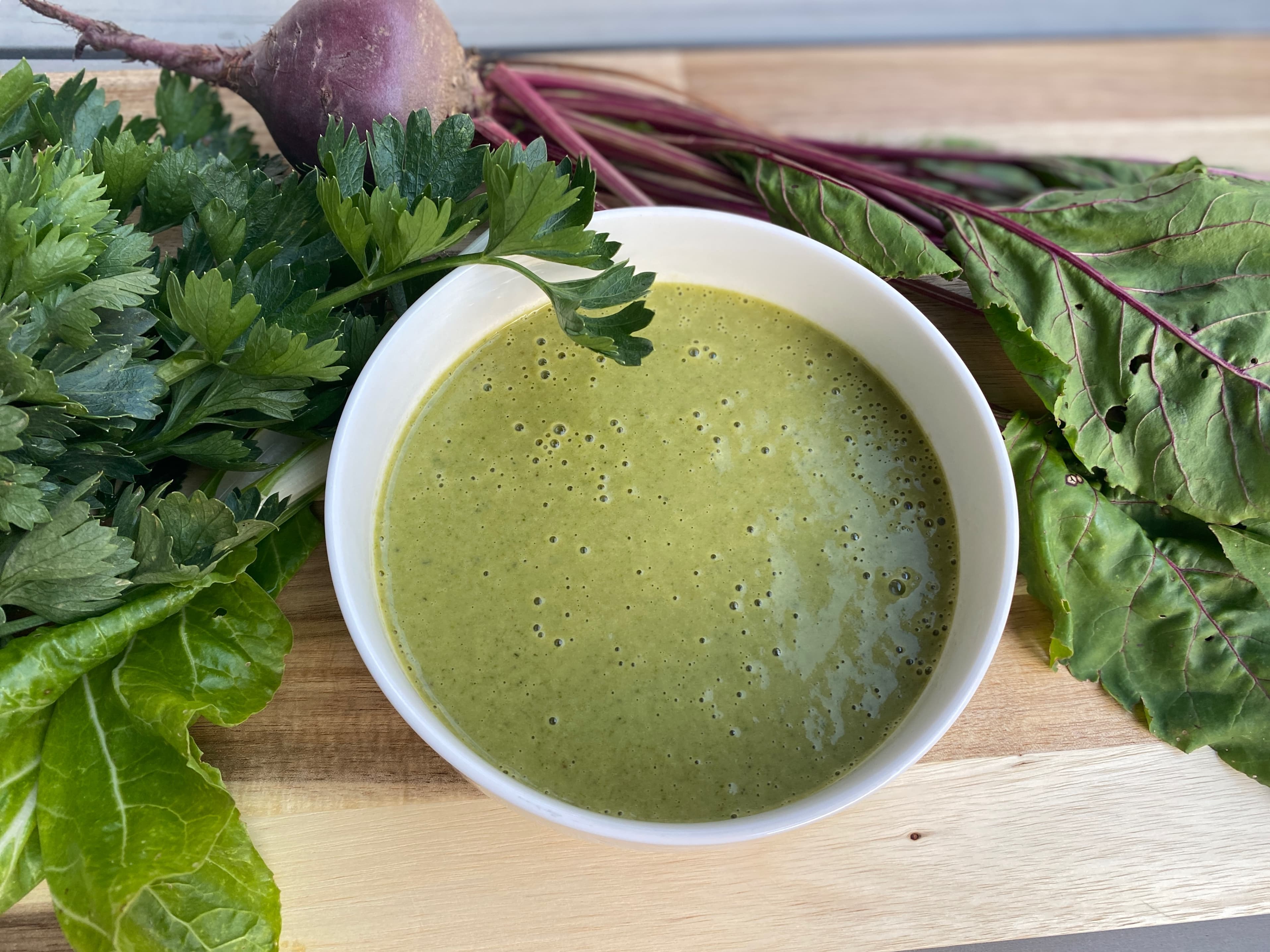 Root Vegetable and Leafy Green Crème Soup Recipe Image