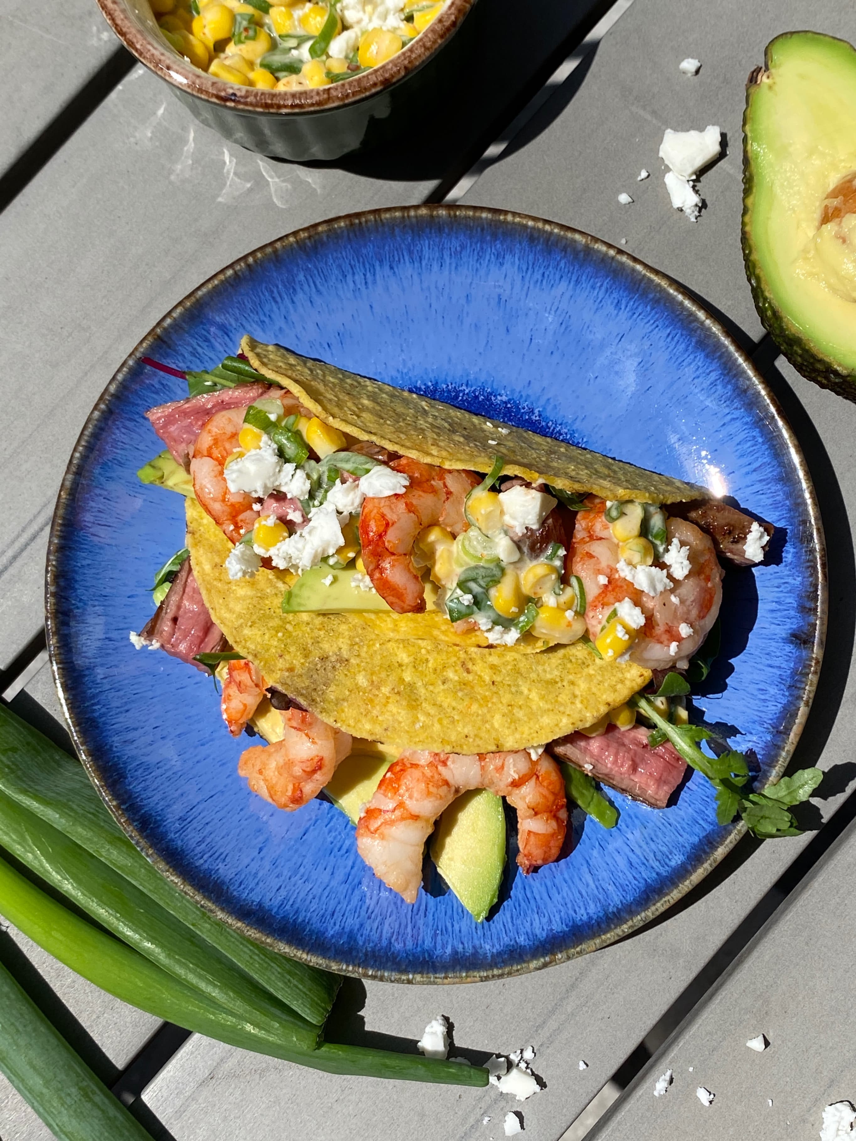 Surf and Turf Tacos with Avocado and Mixed Salad Recipe Image