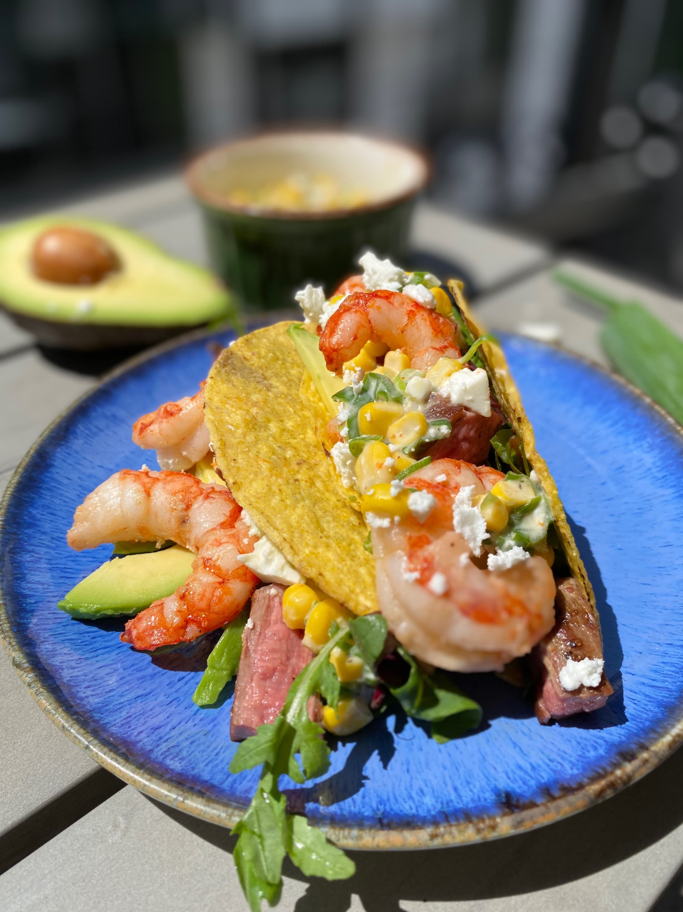 Surf and Turf Tacos with Avocado and Mixed Salad Recipe Image