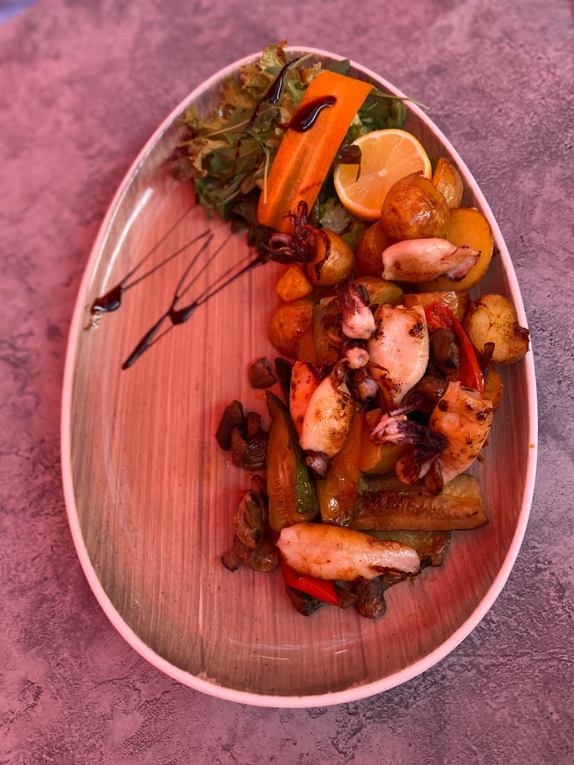 Zesty Grilled Squid with Charred Mediterranean Vegetables and Lemon Potatoes Rocely Recipe