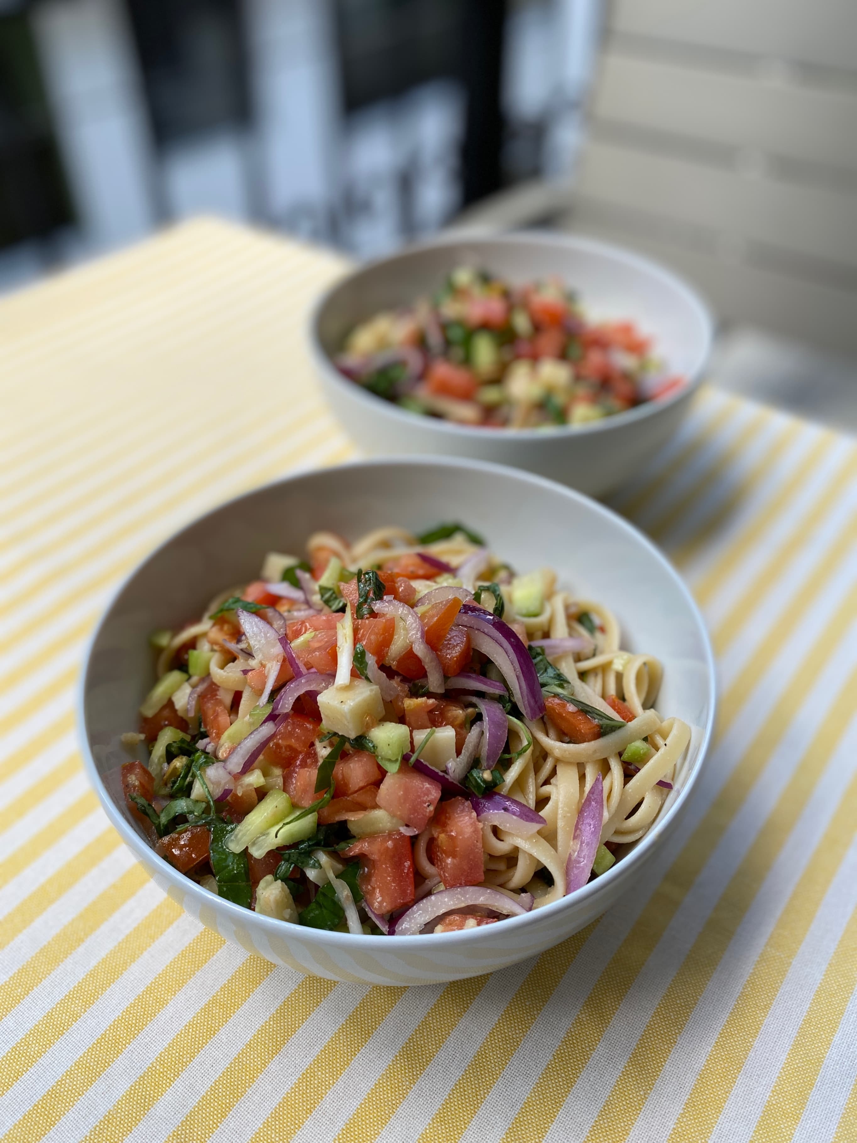 Your Go-To Summer Linguine with Fresh Veggies & Pistachio Crunch Recipe Image
